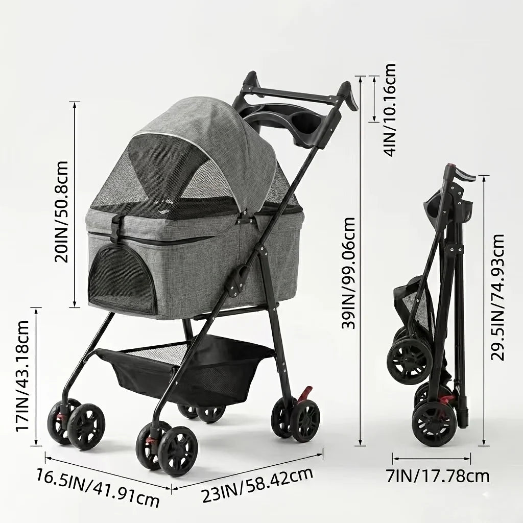 2-in-1 Foldable 4-Wheel Pet Stroller with Light Barrier & Removable Travel Carrier