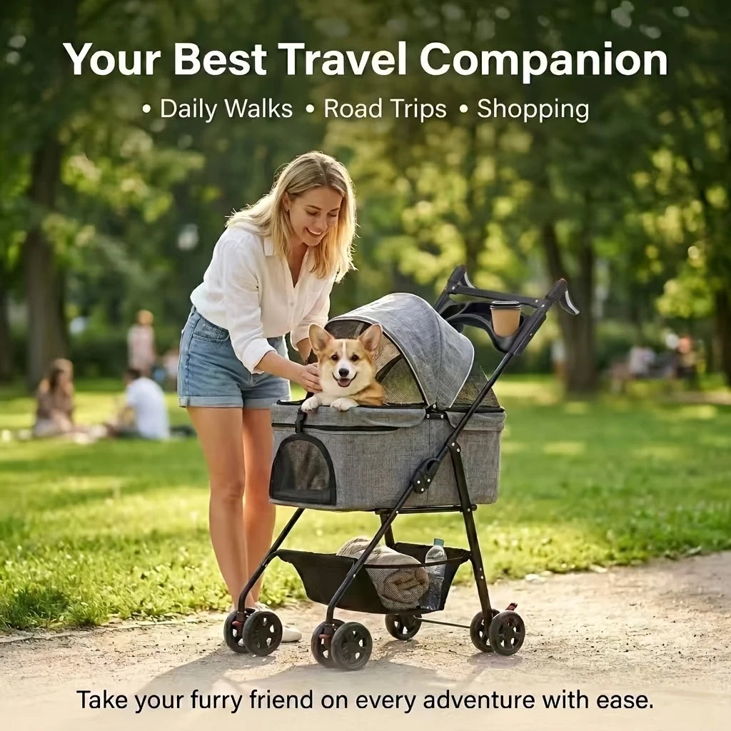 2-in-1 Foldable 4-Wheel Pet Stroller with Light Barrier & Removable Travel Carrier