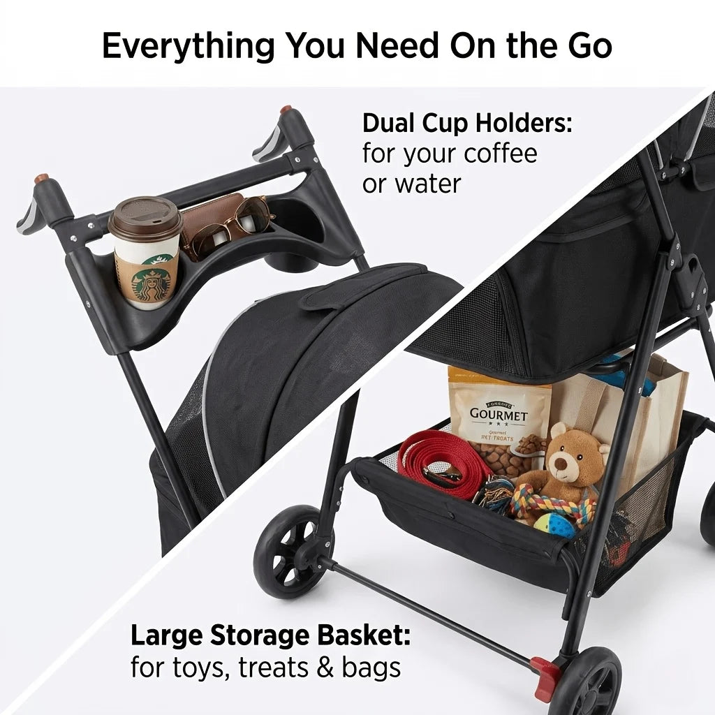2-in-1 Foldable 4-Wheel Pet Stroller with Light Barrier & Removable Travel Carrier