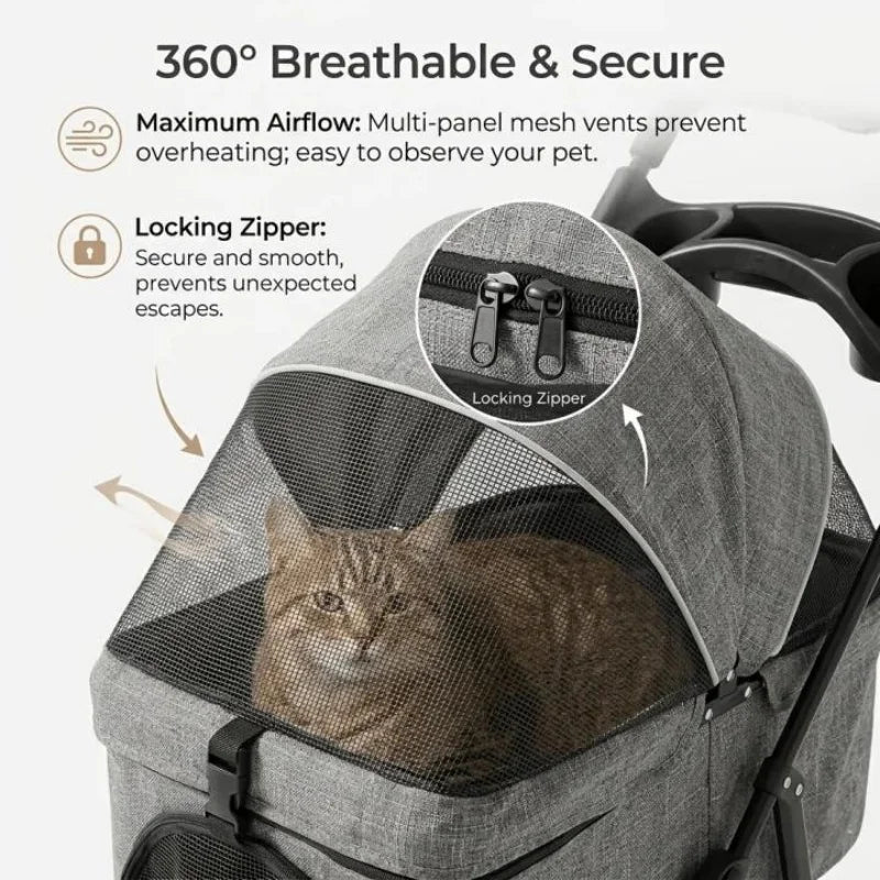 2-in-1 Foldable 4-Wheel Pet Stroller with Light Barrier & Removable Travel Carrier