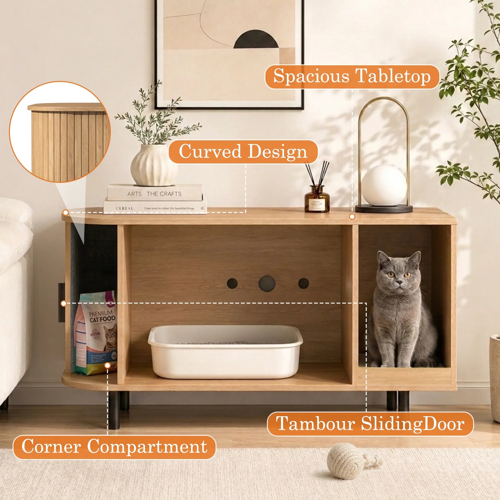 Sliding-Door Wooden Litter Box End Table with Drawer