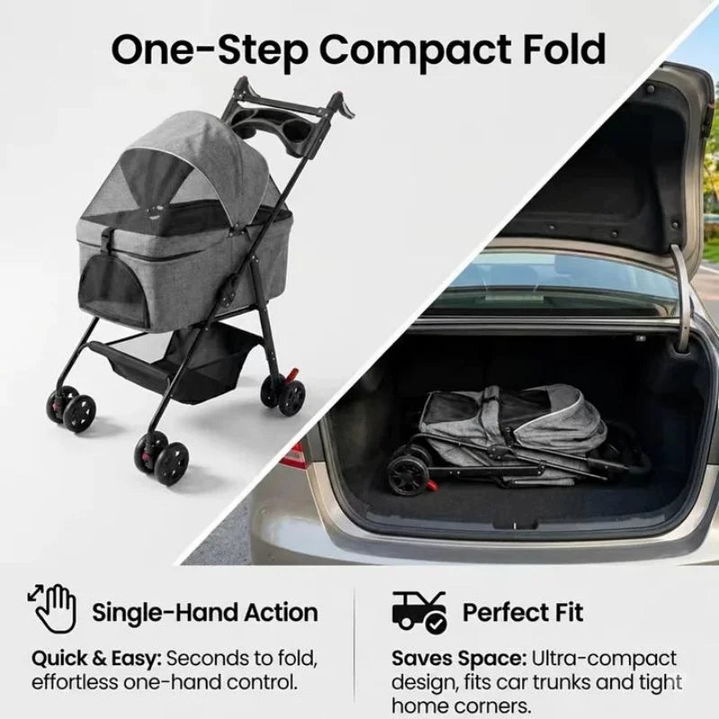 2-in-1 Foldable 4-Wheel Pet Stroller with Light Barrier & Removable Travel Carrier