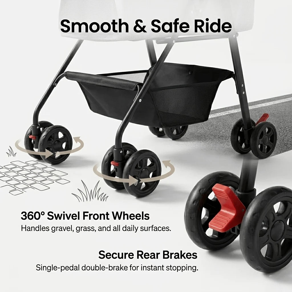 2-in-1 Foldable 4-Wheel Pet Stroller with Light Barrier & Removable Travel Carrier