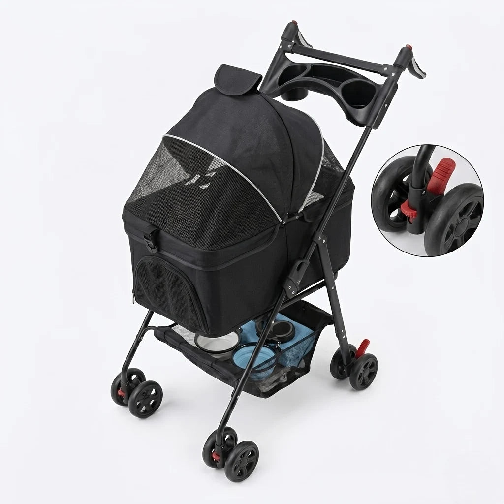 2-in-1 Foldable 4-Wheel Pet Stroller with Light Barrier & Removable Travel Carrier