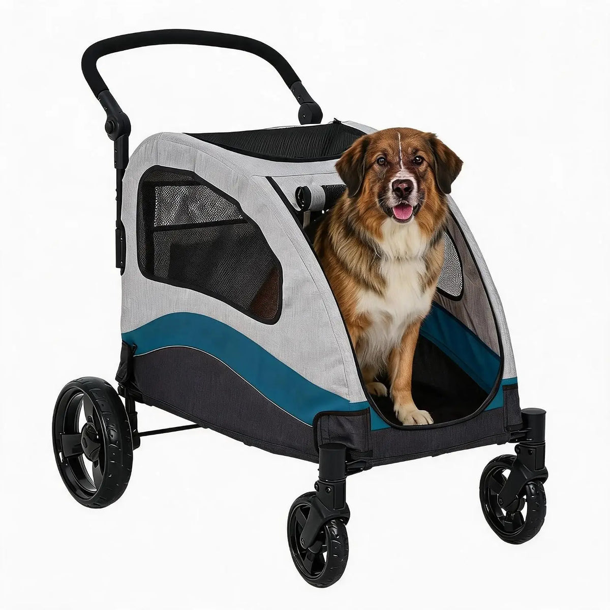 Foldable Steel Frame Large Dog Stroller, Shock‑Absorbing Pet Cart with Washable Pad & Storage Bag for Outdoor Walking