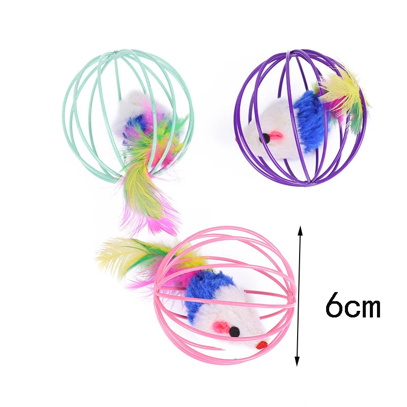 5-Pack Feather Wand Cat Teaser Toy Set with Bell & Mouse Cage — Colorful Stick Toys for Cats