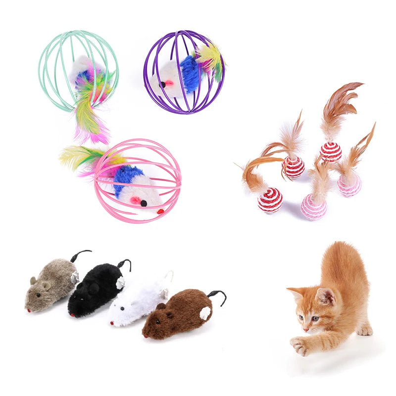 5-Pack Feather Wand Cat Teaser Toy Set with Bell & Mouse Cage — Colorful Stick Toys for Cats