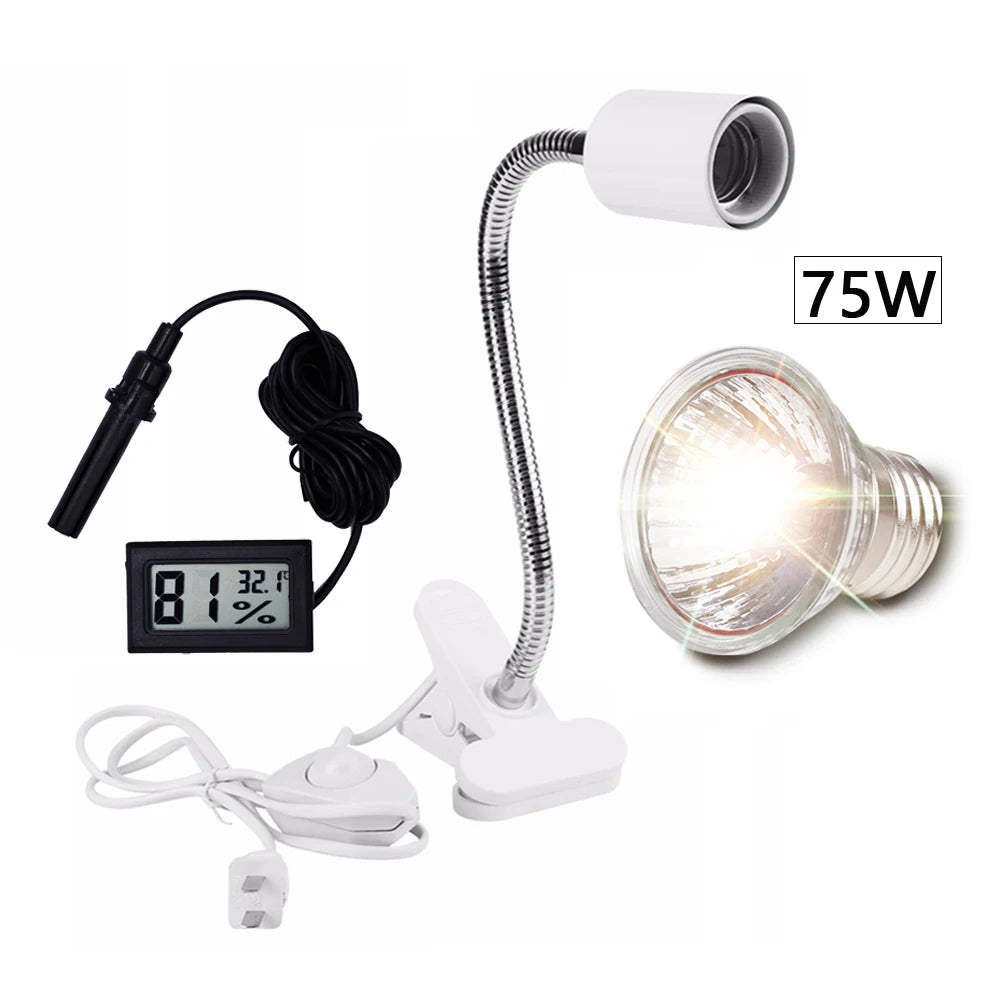 UVA/UVB Basking Lamp Kit — Clip-On Holder, Bulb & Thermometer-Hygrometer