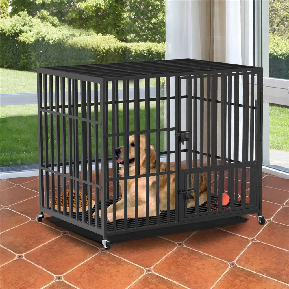 Heavy-Duty 3-Door Metal Dog Crate with Wheels