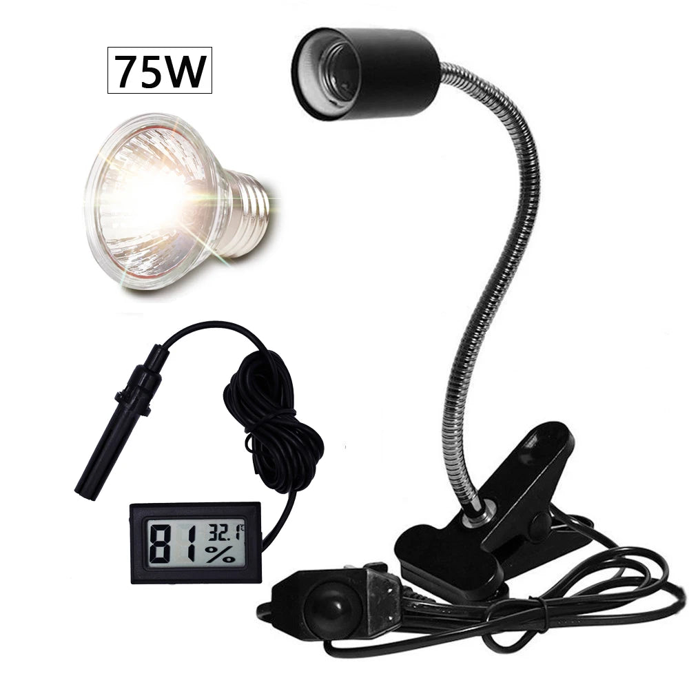UVA/UVB Basking Lamp Kit — Clip-On Holder, Bulb & Thermometer-Hygrometer