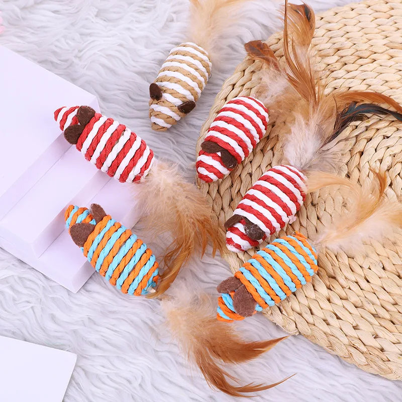5-Pack Feather Wand Cat Teaser Toy Set with Bell & Mouse Cage — Colorful Stick Toys for Cats
