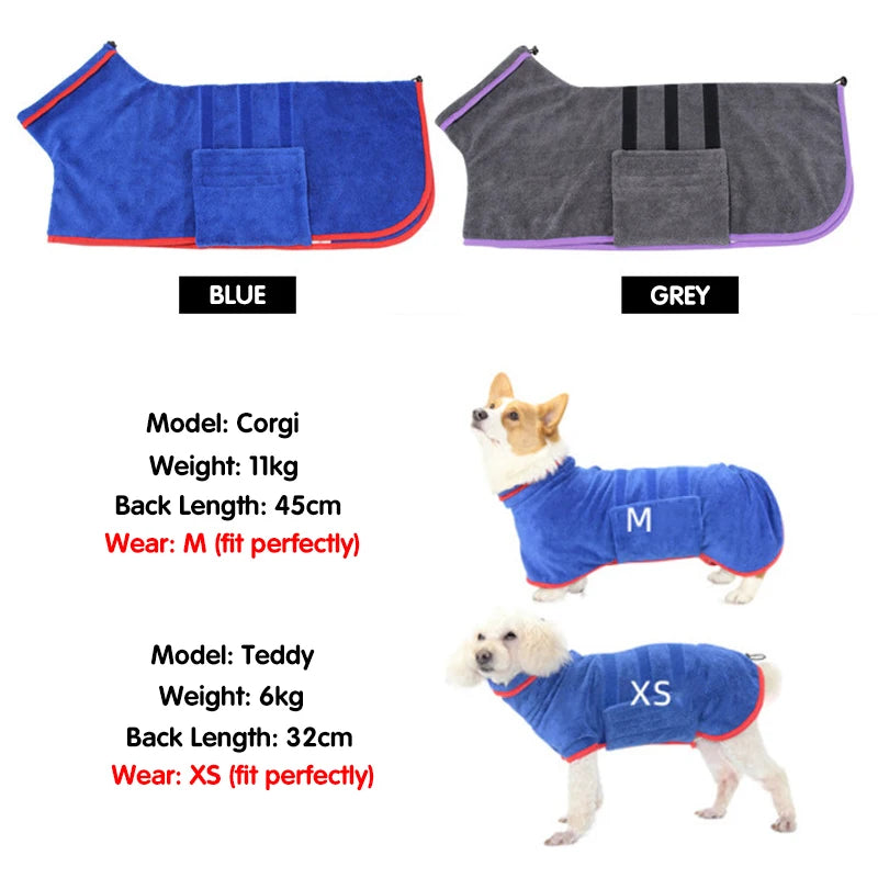 Microfiber Dog Bathrobe — Adjustable, Super Absorbent Drying Coat, XS–3XL