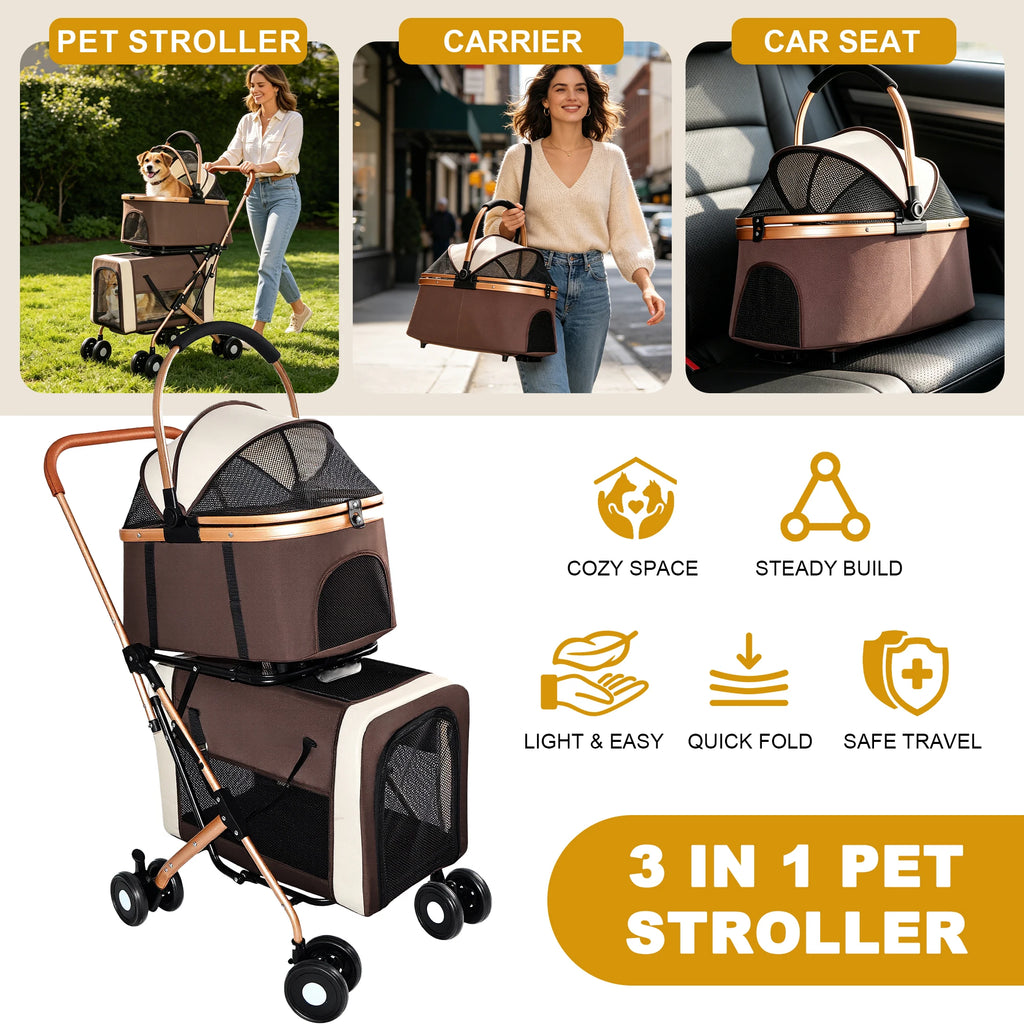 Double Pet Stroller for Dogs & Cats — Foldable 3-in-1 Convertible Carrier with Shockproof Wheels & Brake