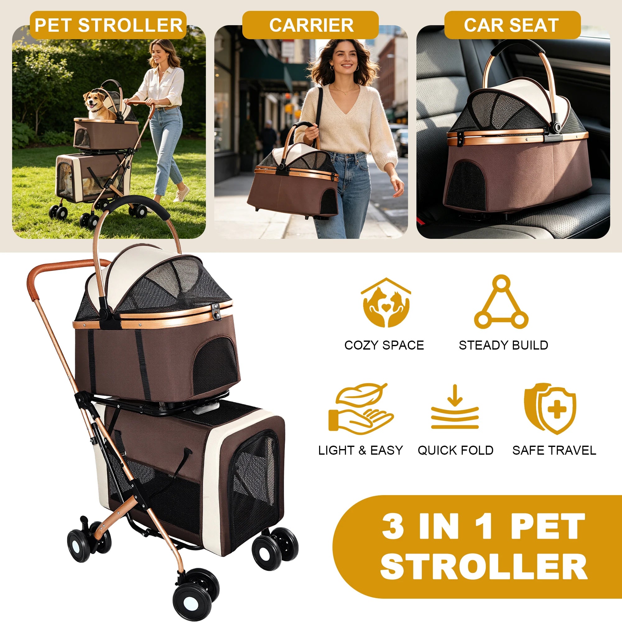 Double Pet Stroller for Dogs & Cats — Foldable 3-in-1 Convertible Carrier with Shockproof Wheels & Brake