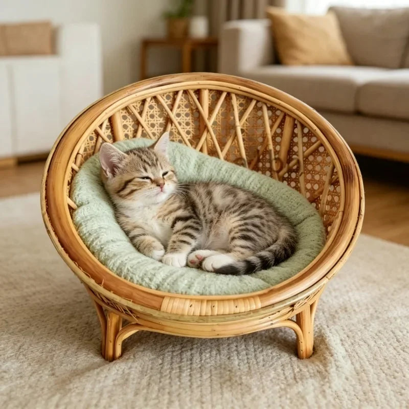 Elevated Round Rattan Cat Bed Chair with Photo Prop Design