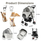 3-in-1 Foldable 4-Wheel Pet Stroller with Detachable Carrier & Mesh for Small Pets