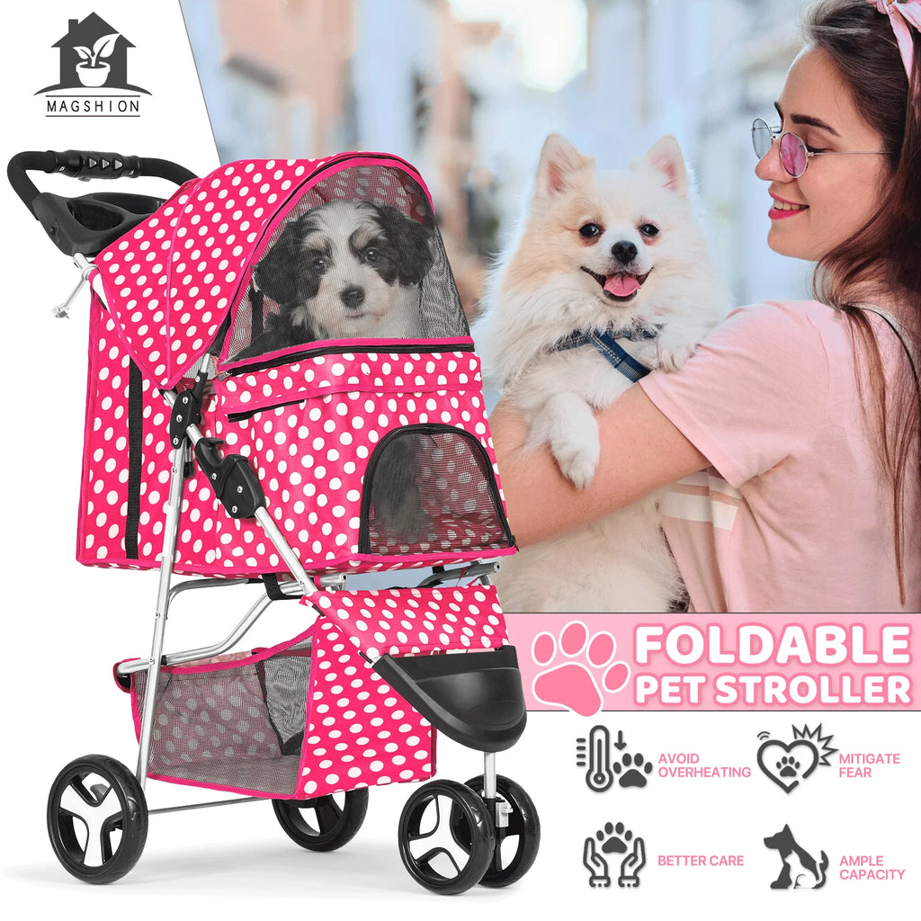 Magshion Foldable 3-Wheel Pet Jogger Stroller with Storage Basket & Cup Holder