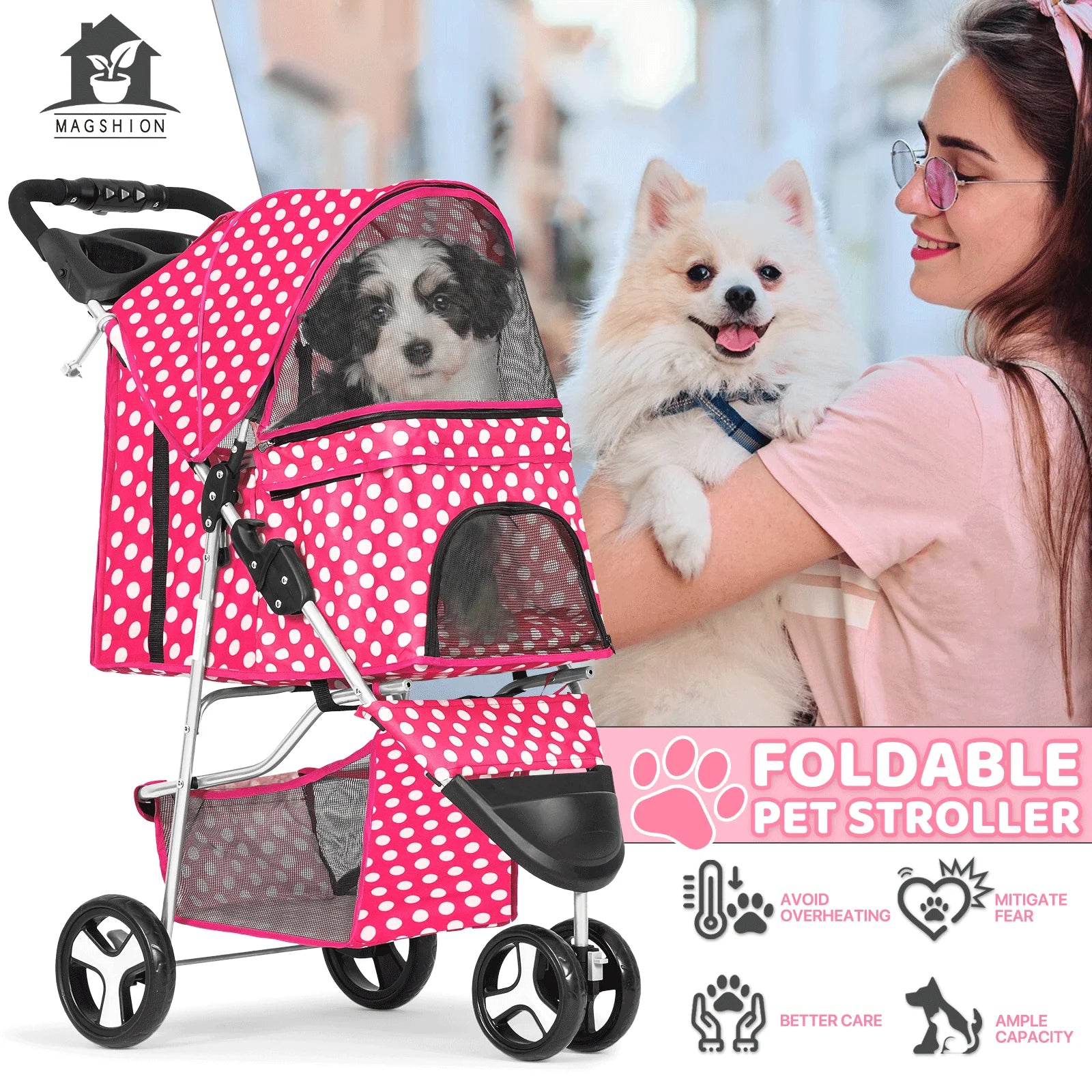 Magshion Foldable 3-Wheel Pet Jogger Stroller with Storage Basket & Cup Holder