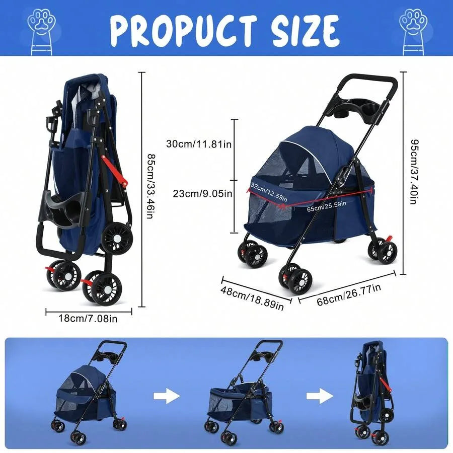 Blue Folding Pet Stroller with Cup Holder & Breathable Visible Mesh for Small Dogs & Cats
