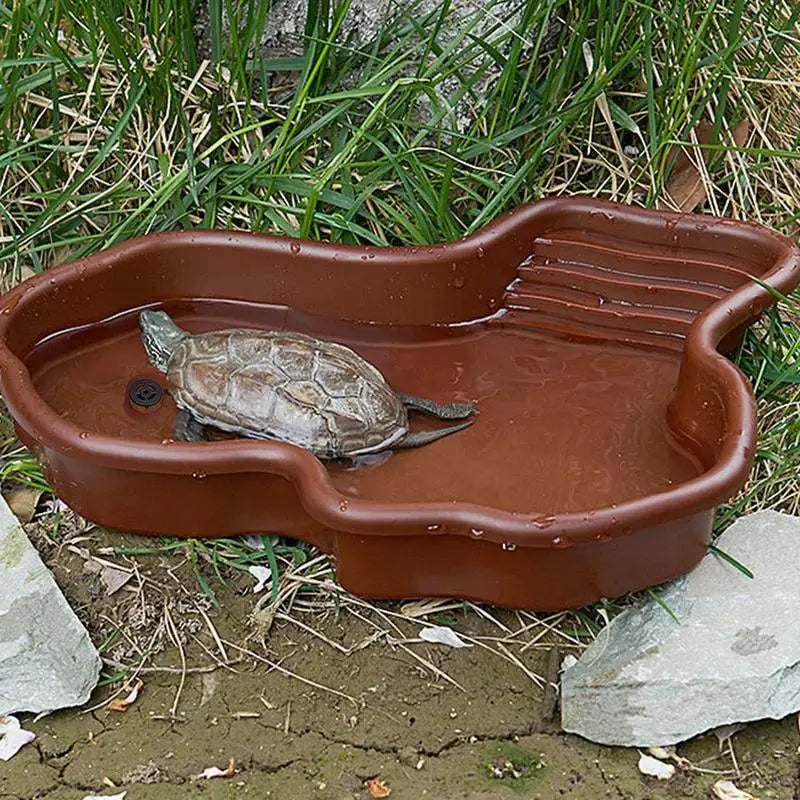 Turtle Basking Ramp & Water Dish — River-Style Bathing Pool with Ladder