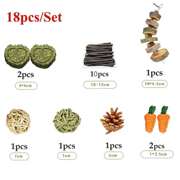 Natural Chew Toy Set — Grass, Apple Wood & Loofah for Small Pets