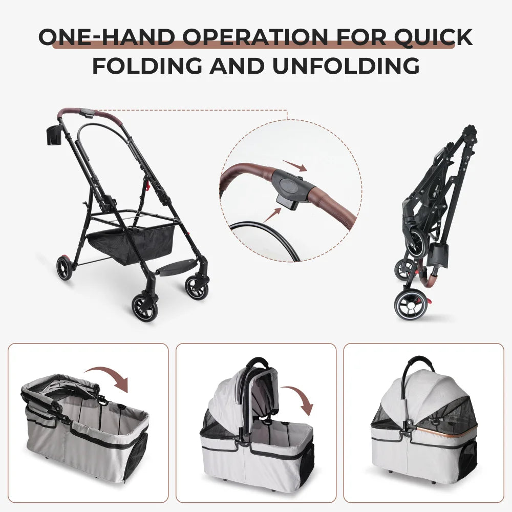 4-Wheel Pet Stroller with 360-Degree Rotating Wheels & Separable Carrier for Dogs & Cats