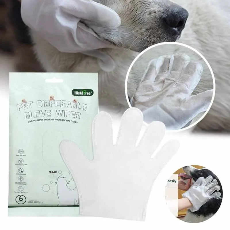 6-Pack No-Rinse Pet Cleaning Gloves — Wash-Free Deodorizing Wipes for Dogs & Cats
