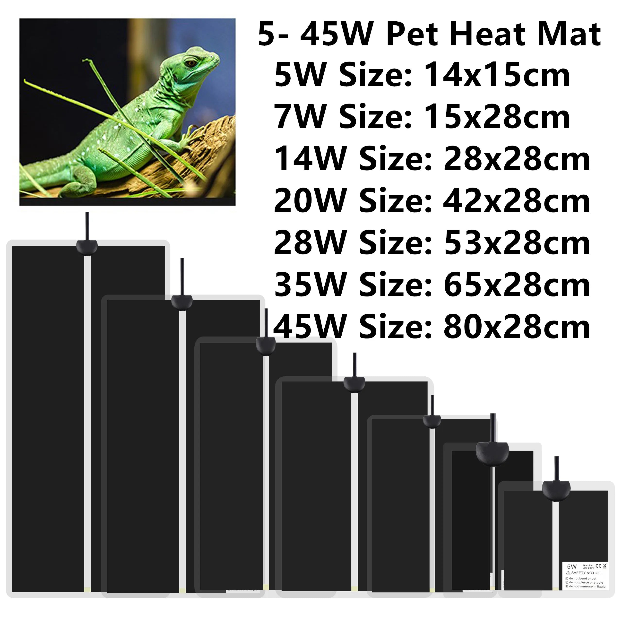 Adjustable Reptile Terrarium Heat Mat — PET Heating Pad, 5W-45W