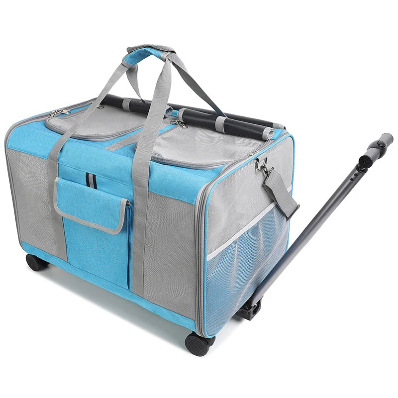 Dual Compartment Multifunctional Pet Stroller with Folding Rolling Cart for Outdoor Travel