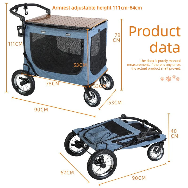 Multifunctional Camping Cart & Large Pet Stroller Trolley with Wooden Table Top for Dogs