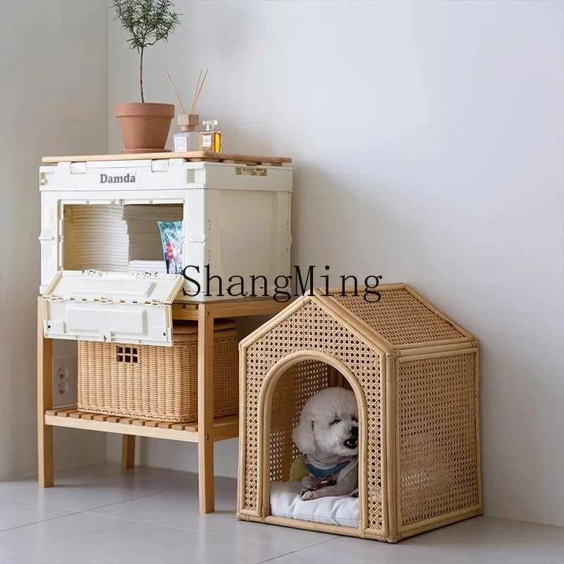 Handmade Natural Rattan Cat Bed with Roof Kennel