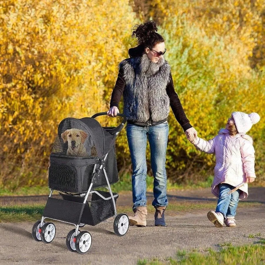 ZENY Foldable 4-Wheel Pet Stroller for Dogs & Cats with Storage Basket & Cup Holder