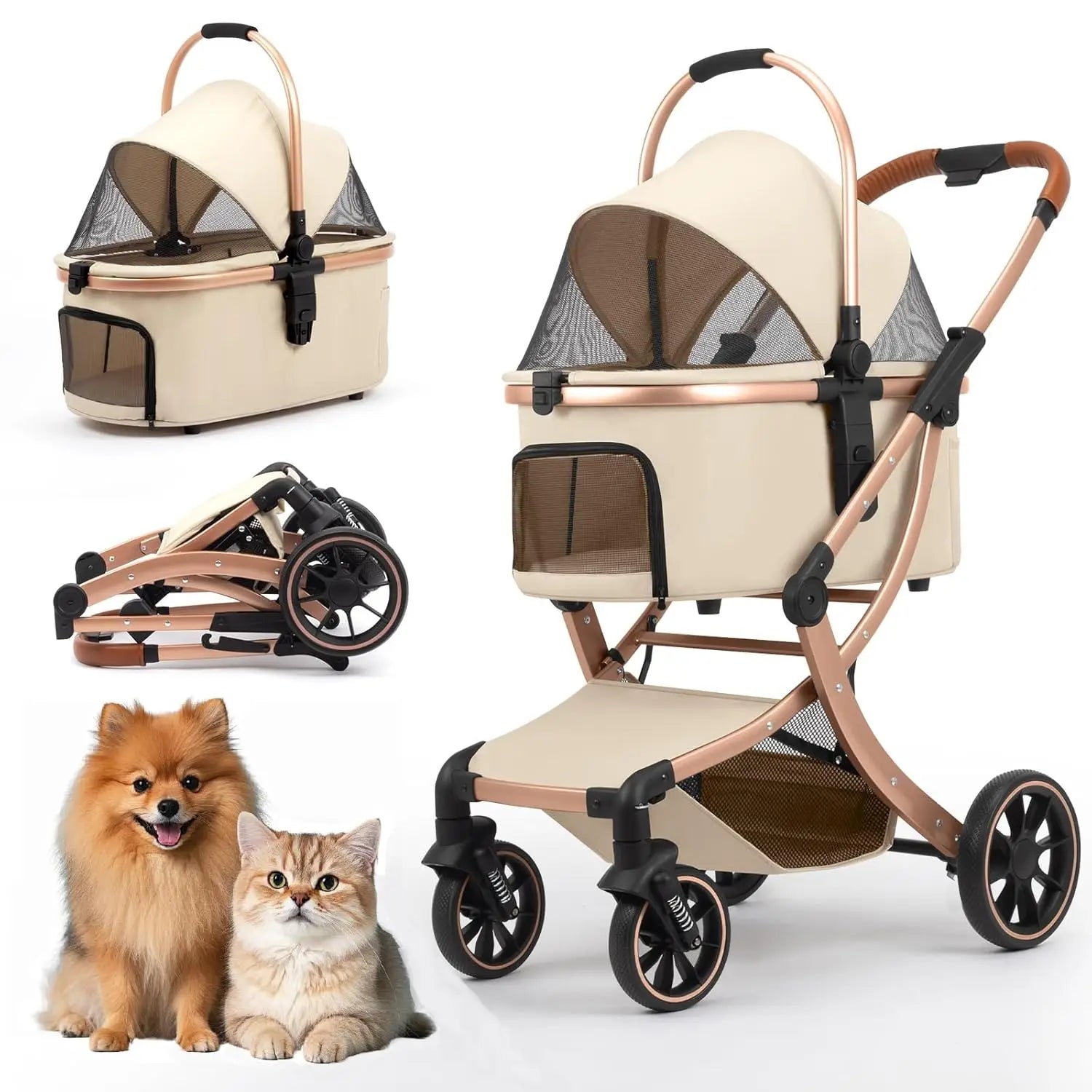 3-in-1 Foldable Pet Stroller with Detachable Carrier, Storage Basket & Pet Pad — Safe Outdoor Cart