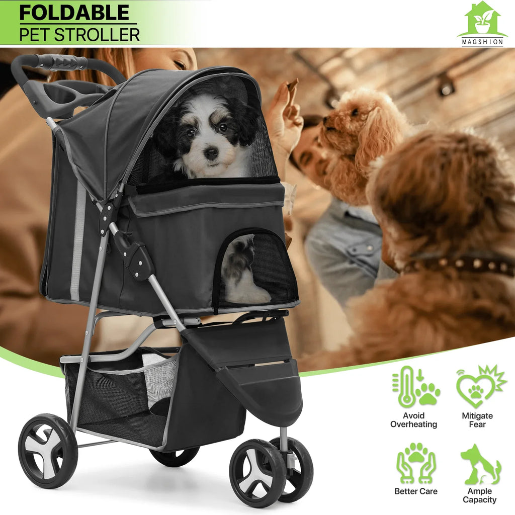 Magshion Foldable 3-Wheel Pet Jogger Stroller with Storage Basket & Cup Holder