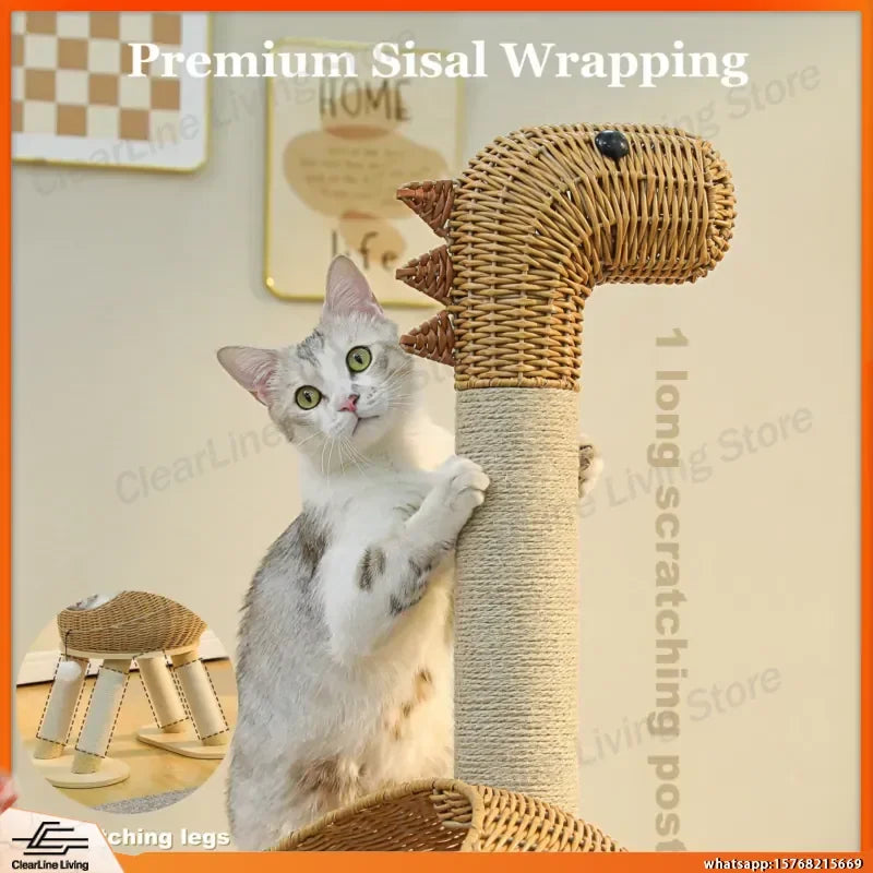 Dinosaur Rattan Cat Tree with Sisal Scratching Post