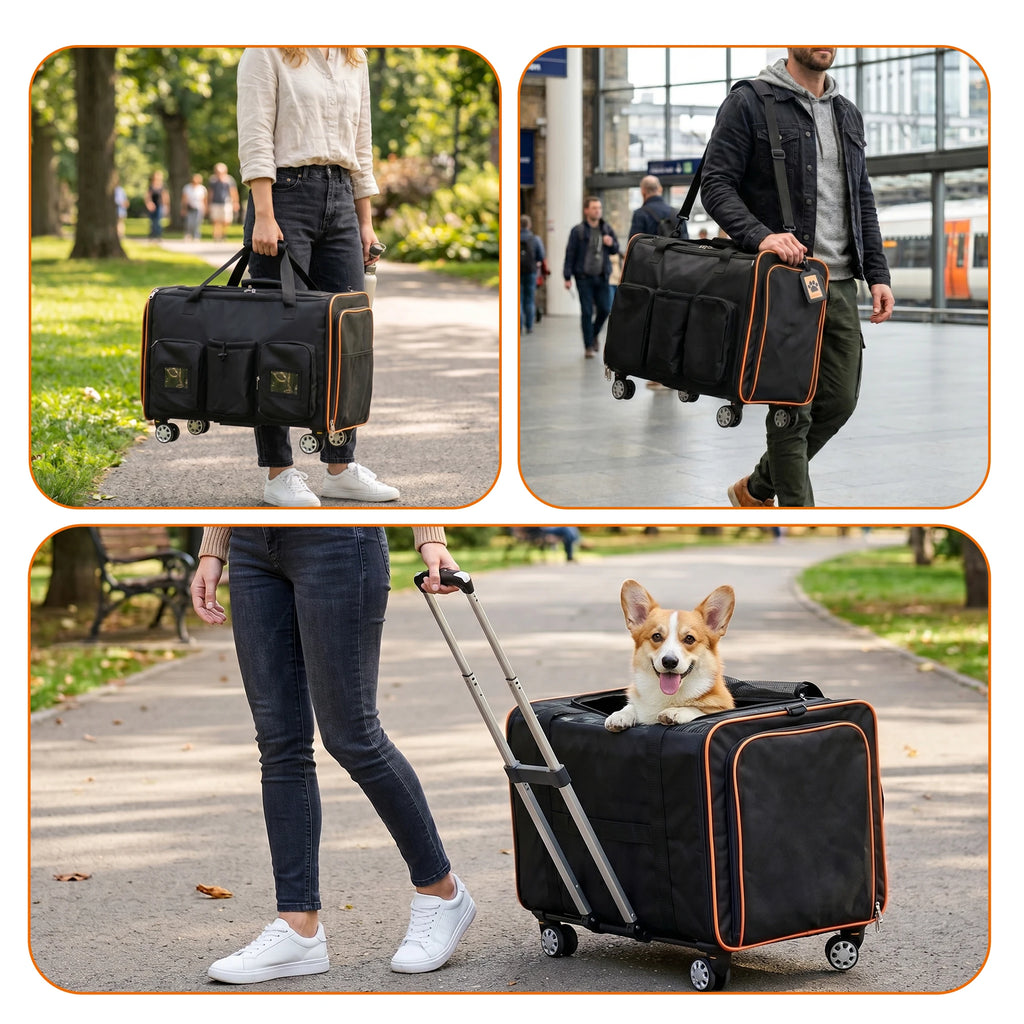 Expandable Foldable Double Rolling Pet Carrier for 2 Cats with Removable Divider