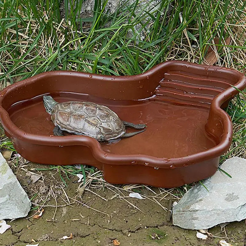 Turtle Basking Ramp & Water Dish — River-Style Bathing Pool with Ladder