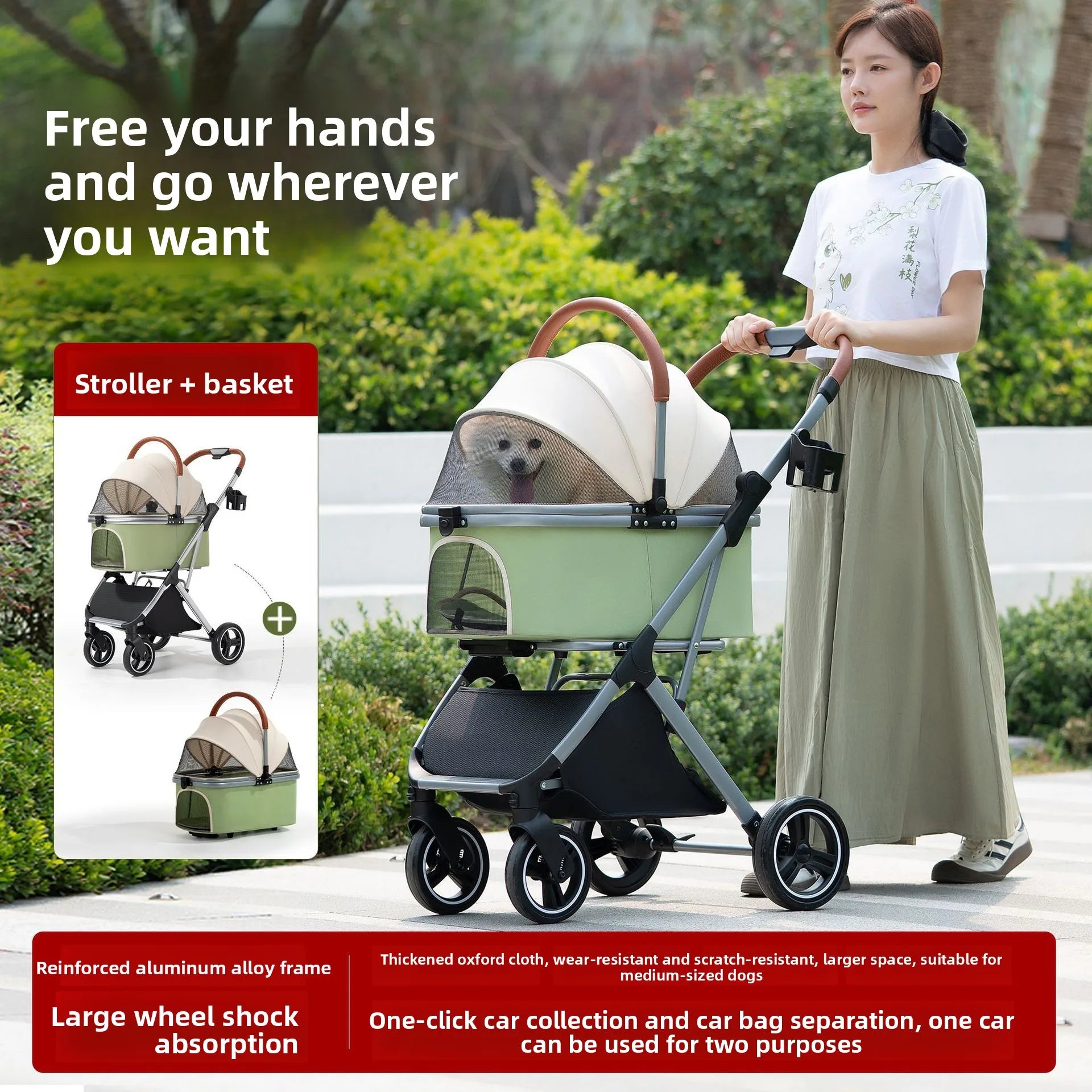 Ultra-Lightweight Foldable Pet Stroller with Detachable Basket for Small & Medium Dogs & Cats — Portable