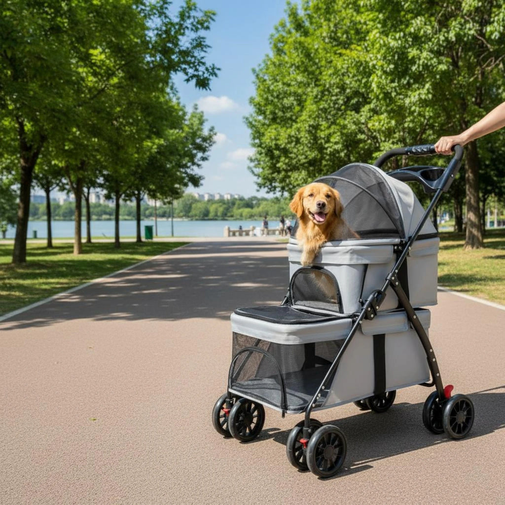 Double-Deck Pet Stroller with Lockable Wheels, Storage Pockets & Removable Liner