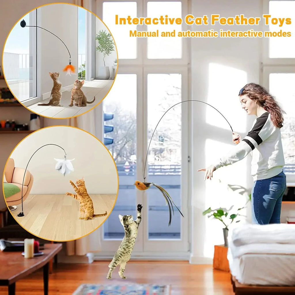 Bird Feather Cat Teaser Wand — Suction-Mount, Flexible Steel Wire