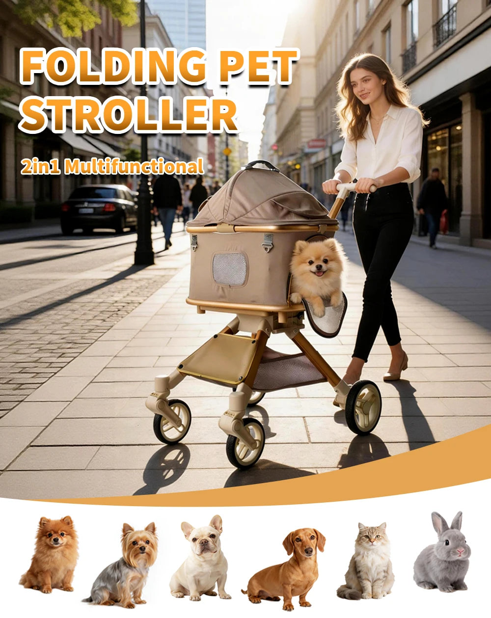 2-in-1 Convertible Pet Stroller with Removable Carrier & One-Click Fold for Medium Dogs & Cats up to 55 lbs
