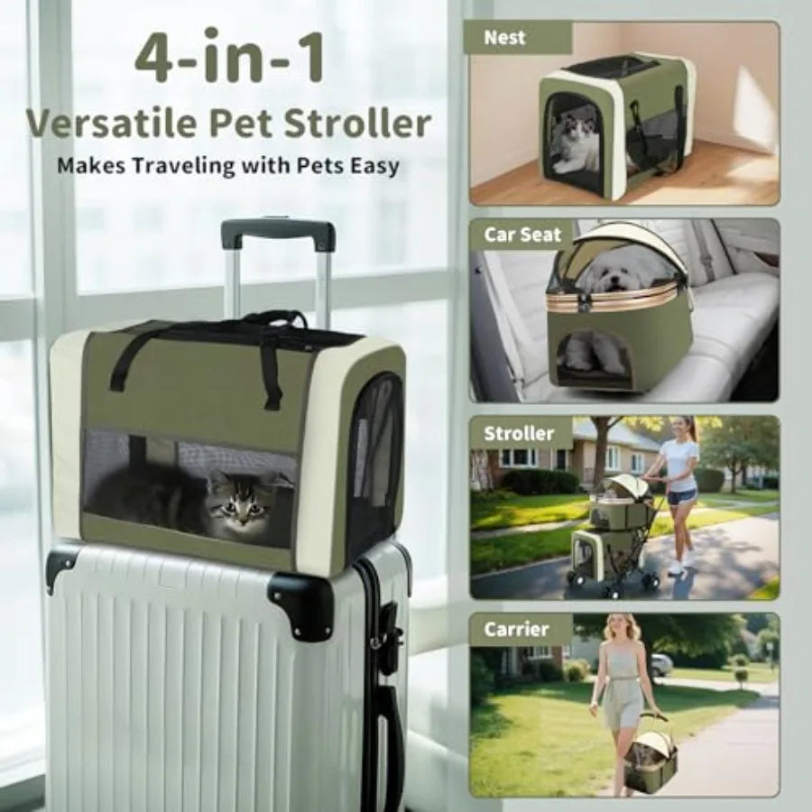 Foldable Double Pet Stroller with Detachable Carriers, Safety Belts & 4-Lock Wheels