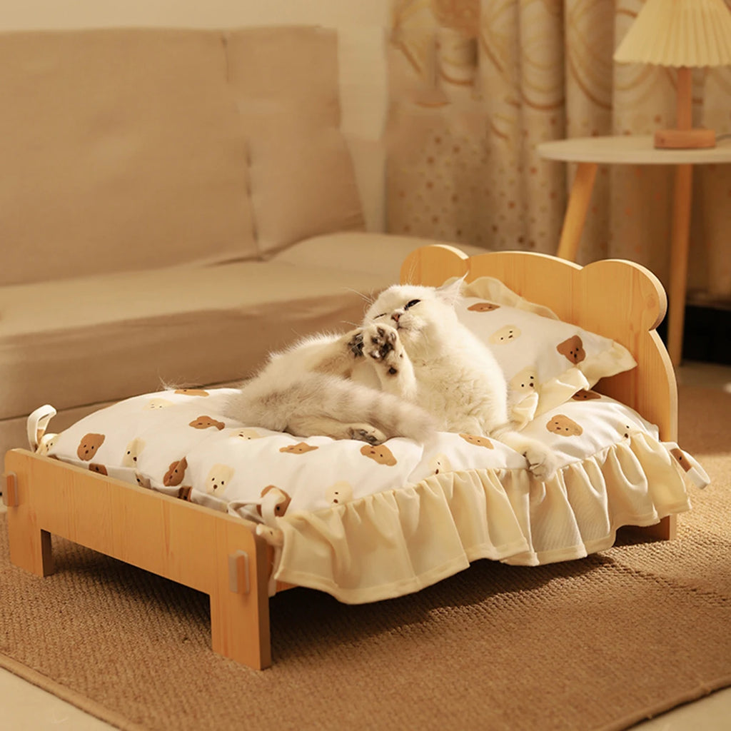 Wooden Pet Bed with Teddy Bear Pattern, 20x11in