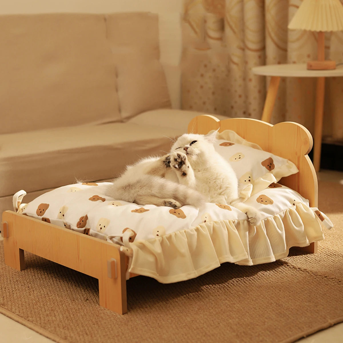 Wooden Pet Bed with Teddy Bear Pattern, 20x11in