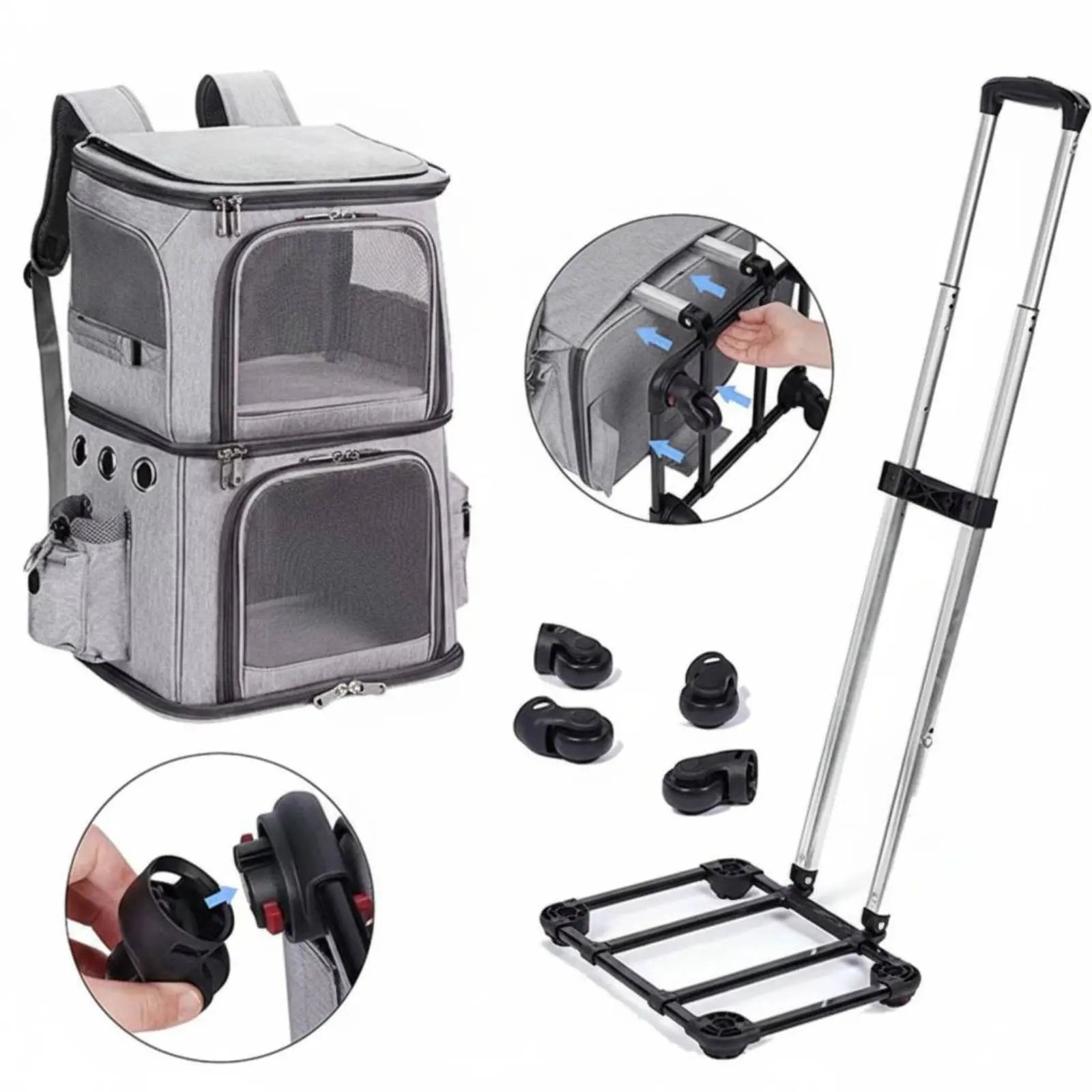 Double-Deck Pet Trolley Bag with Telescopic Handle & Side Pockets