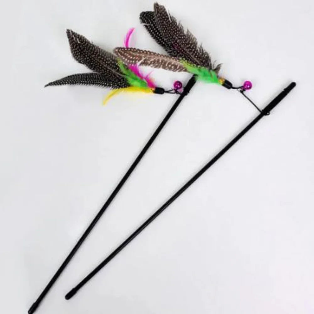 Feather Wand Cat Teaser Rod with Bell & Replacement Feathers — Interactive Kitten Toy Set