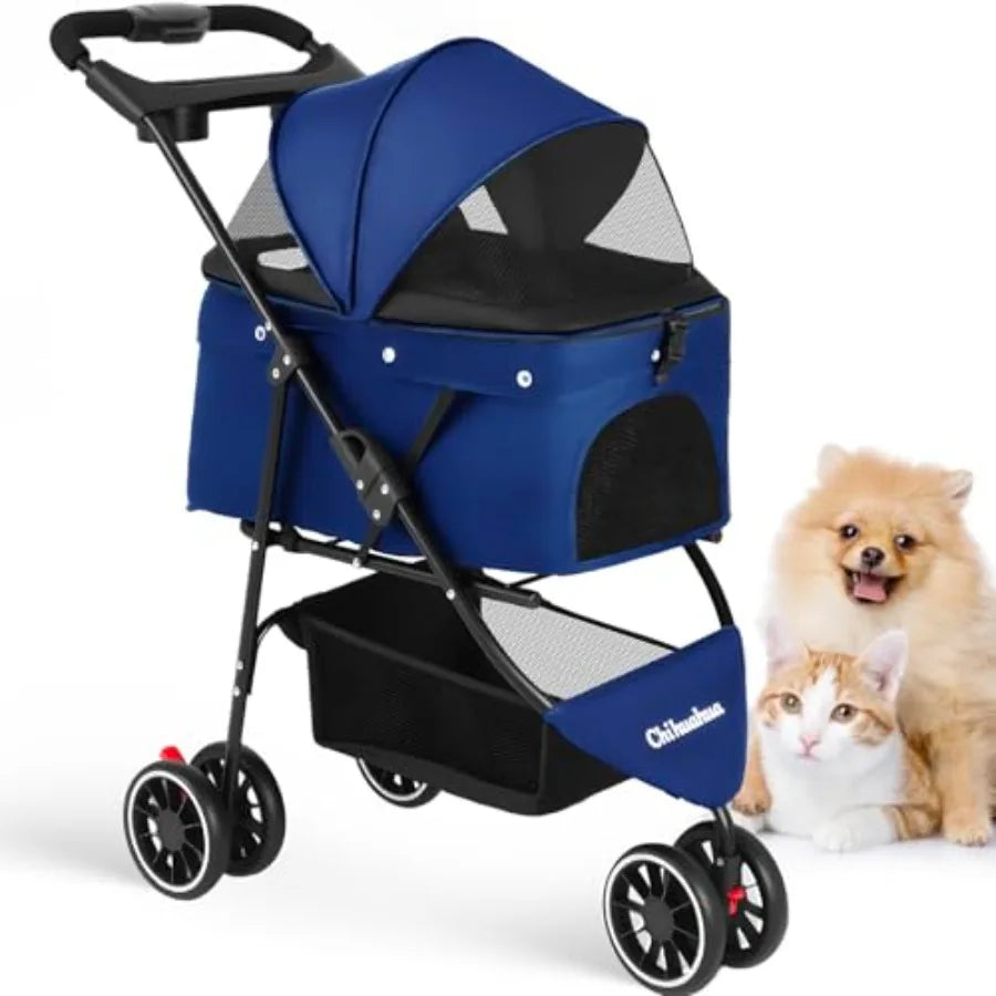 3-Wheel Foldable Pet Stroller with Breathable Mesh Canopy & Cup Holders for Small & Medium Dogs & Cats