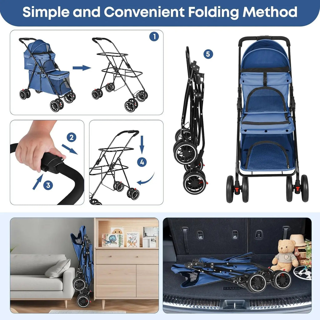 Lightweight Folding Double Pet Stroller for 2 Dogs or Cats with 4 Lockable Wheels