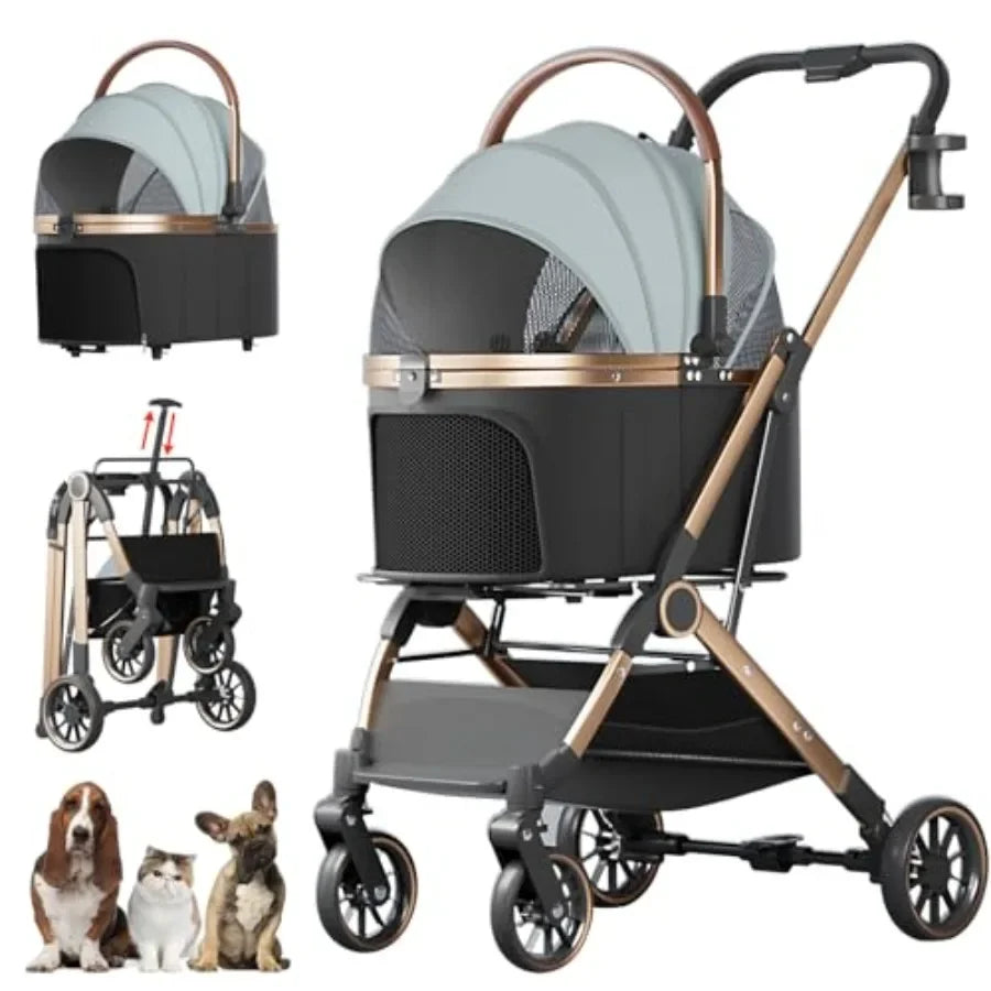 4-Wheel Foldable Pet Stroller with Detachable Carrier for Dogs & Cats — Max 45 lbs