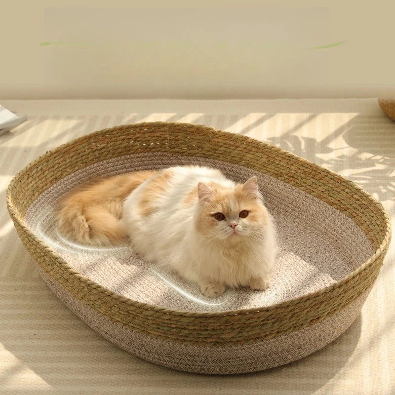 Portable Rattan & Seagrass Cat Bed Nest, All-Season